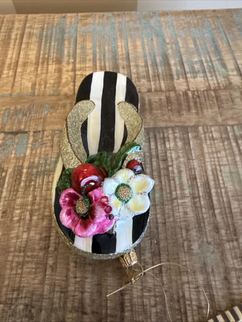 Retired Mackenzie Childs Courtly Stripe Glass Hand painted Sandal Ornament
